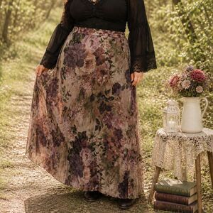 Vintage 90s Floral Maxi Skirt, 3X Romantic Whimsigoth Cottagecore Flowy USA